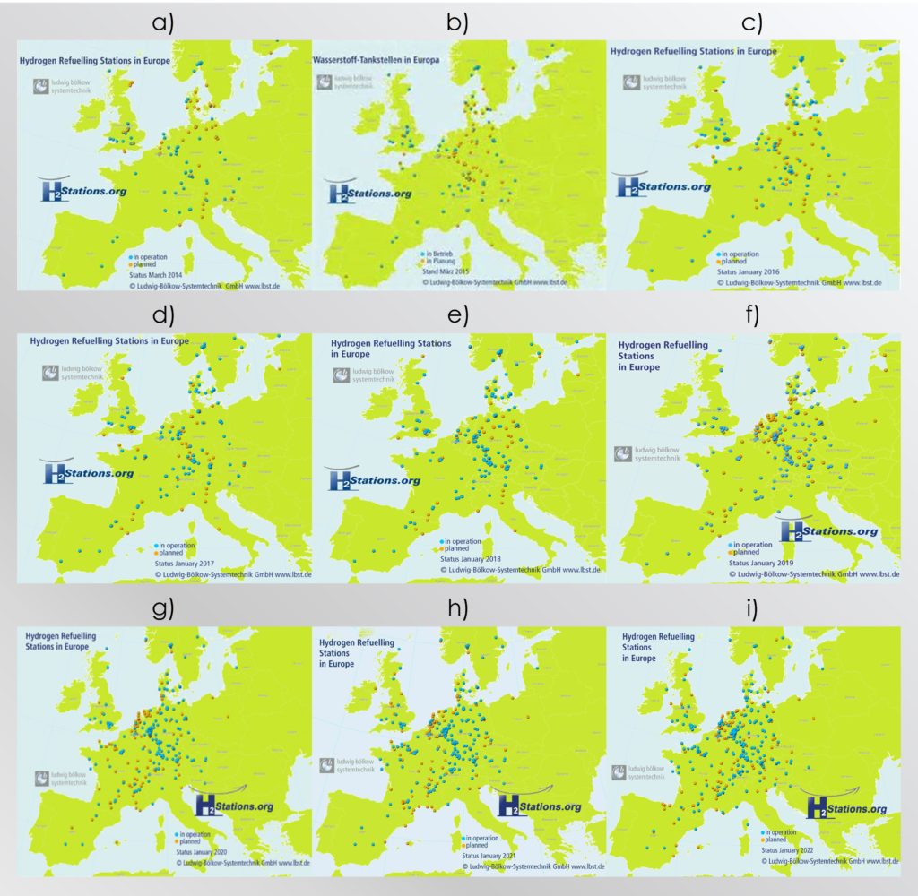 Mapa con la evolución anual de estaciones de repostaje operativas de hidrógeno en Europa